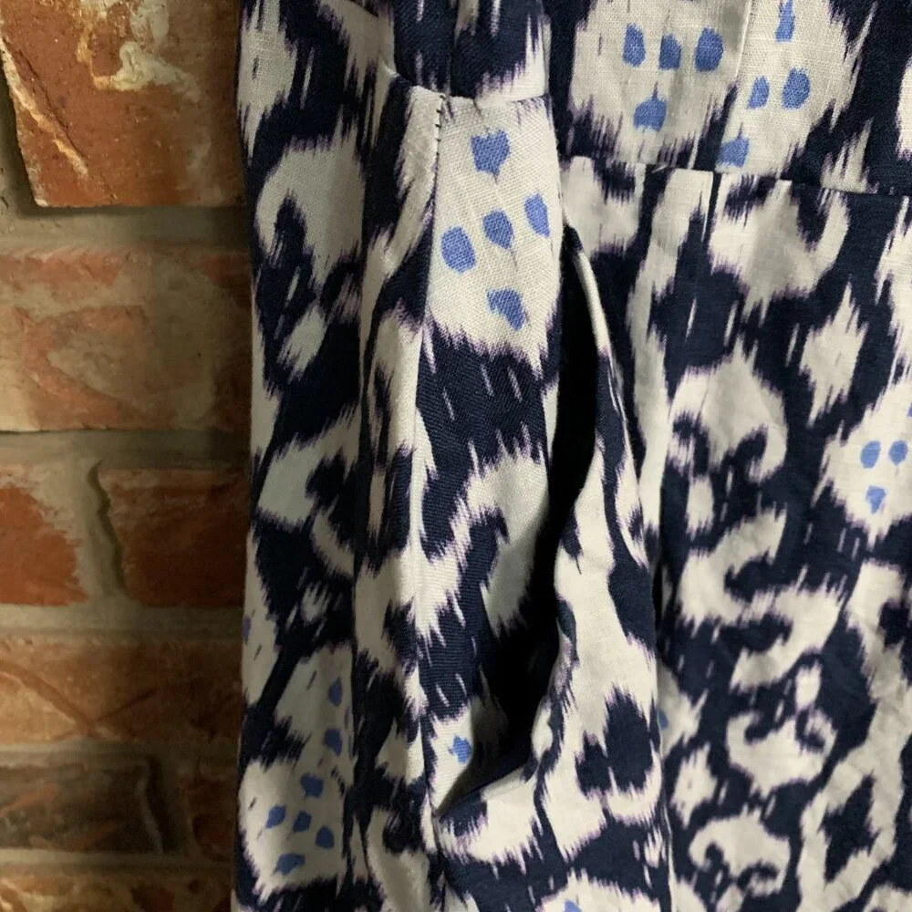 Gap 100% Linen Sleeveless V-neck Fit & Flare Ikat Blue White Mini Dress Size 4